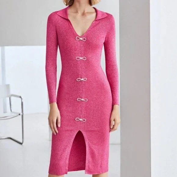 pink sparkle knit bow button detail split hem dress - Picture 7 of 10